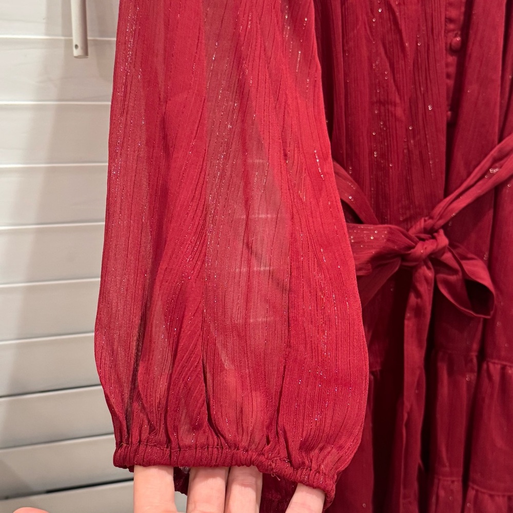 NEW Sz Large Simply Vera Deep Red Long Sleeve Dress Sheer Tiered Bow Feminine - Picture 3 of 12